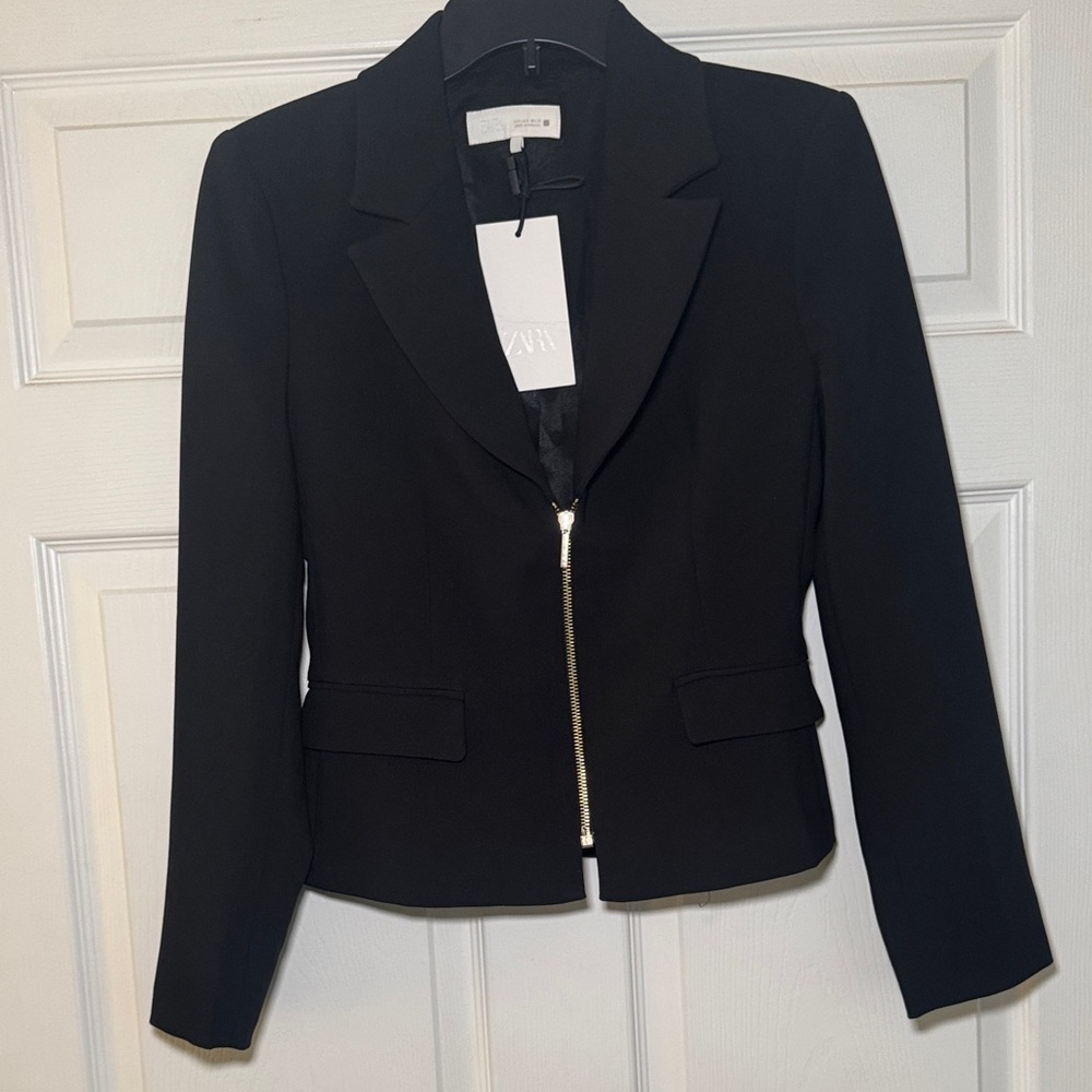 Zara Black Zip-Front Blazer with Shoulder Pads - Picture 3 of 15